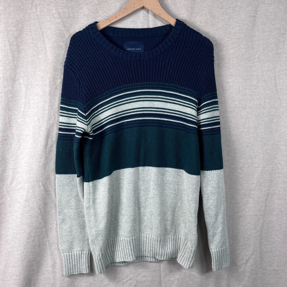 Vintage 90s American Eagle Mens Sweater Small Ribbed Knit Striped Wool Blend Y2K